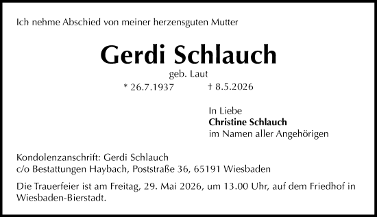 Traueranzeige von Gerdi Schlauch von Wiesbadener Kurier