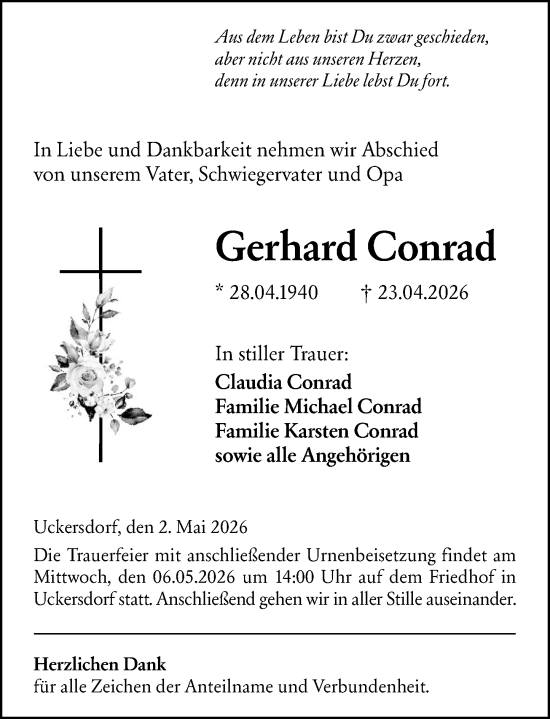 Traueranzeige von Gerhard Conrad von Dill Block