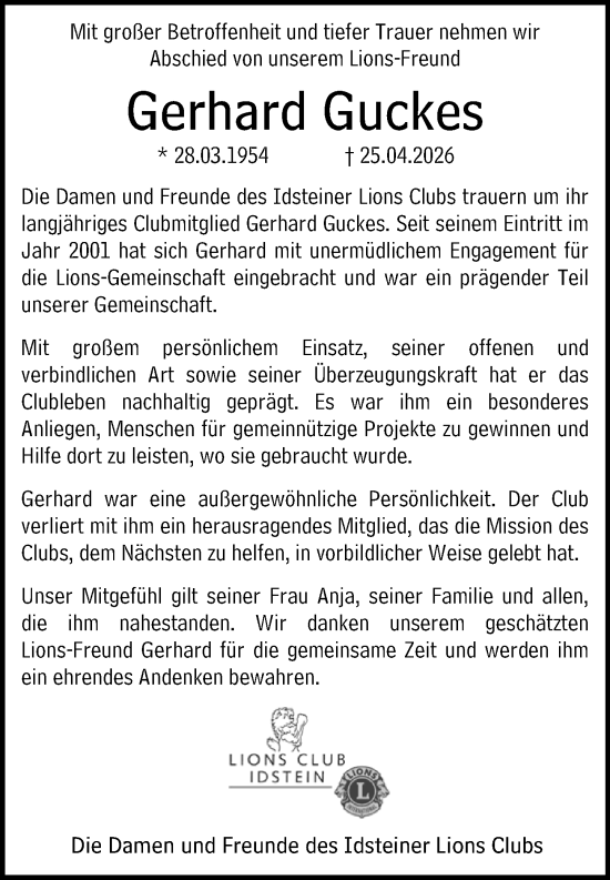 Traueranzeige von Gerhard Guckes von Idsteiner Land/Untertaunus