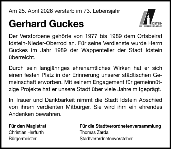 Traueranzeige von Gerhard Guckes von Idsteiner Land/Untertaunus