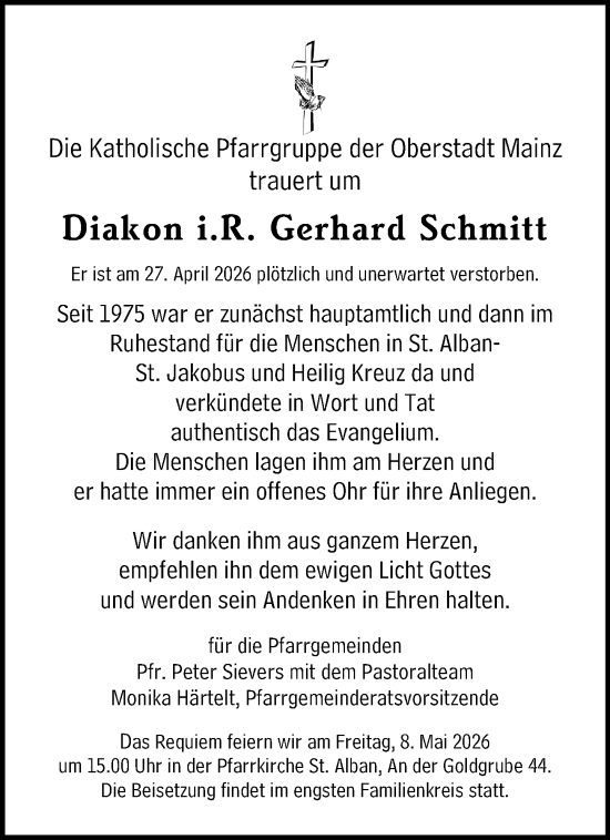 Traueranzeige von Gerhard Schmitt von Allgemeine Zeitung Mainz