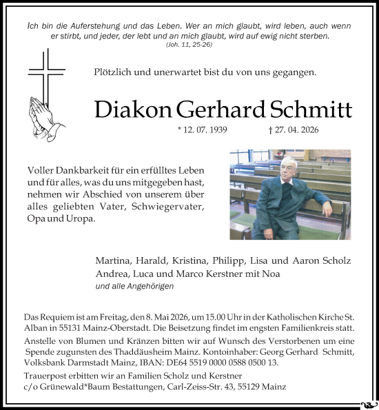 Traueranzeige von Gerhard Schmitt von Allgemeine Zeitung Mainz