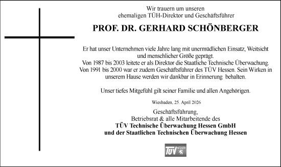 Traueranzeige von Gerhard Schönberger von Wiesbadener Kurier