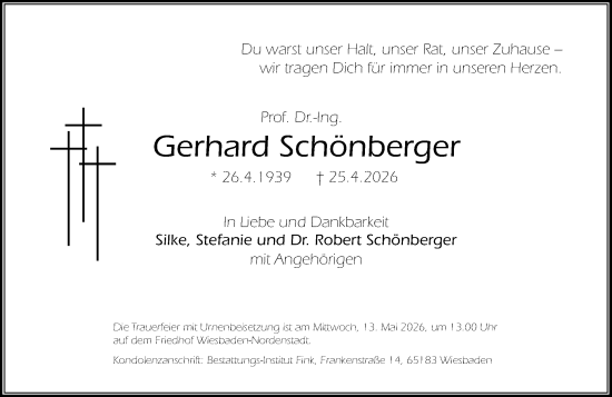 Traueranzeige von Gerhard Schönberger von Wiesbadener Kurier