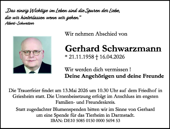 Traueranzeige von Gerhard Schwarzmann von Darmstädter Echo