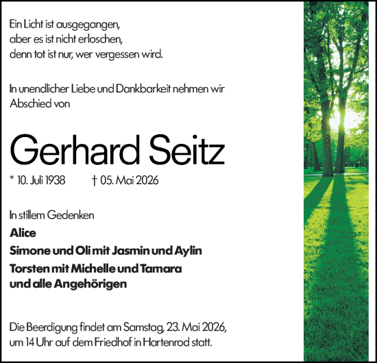 Traueranzeige von Gerhard Seitz von Hinterländer Anzeiger