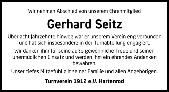 Traueranzeige von Gerhard Seitz von Hinterländer Anzeiger