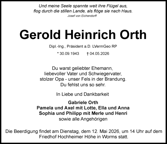 Traueranzeige von Gerold Heinrich Orth von Wormser Zeitung