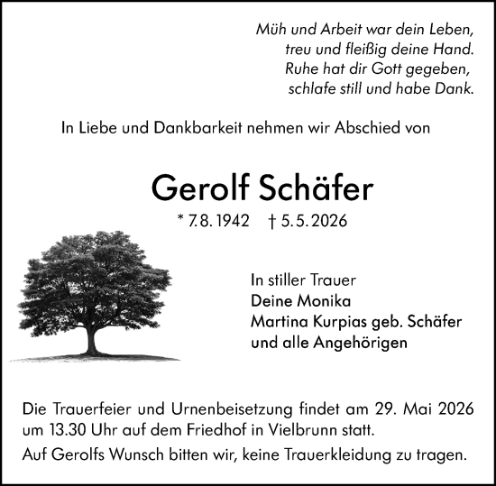 Traueranzeige von Gerolf Schäfer von Odenwälder Echo