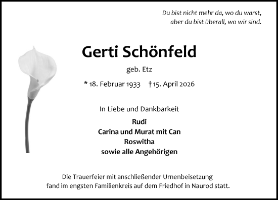 Traueranzeige von Gerti Schönfeld von Wiesbadener Kurier