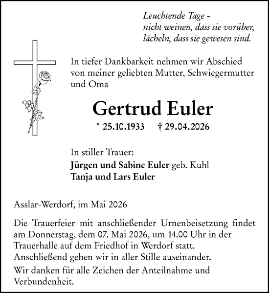 Traueranzeige von Gertrud Euler von Wetzlarer Neue Zeitung