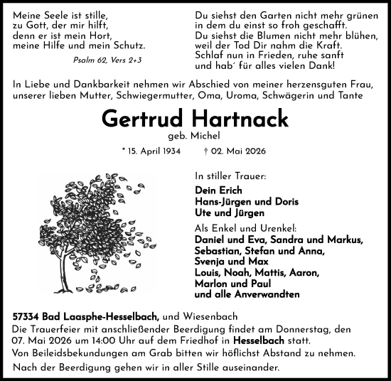 Traueranzeige von Gertrud Hartnack von Hinterländer Anzeiger