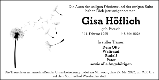 Traueranzeige von Gisa Höflich von Wiesbadener Kurier