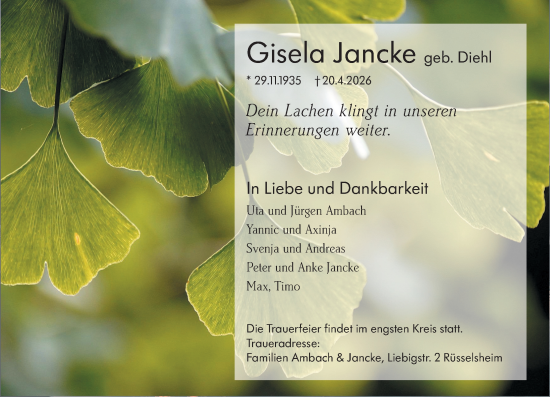 Traueranzeige von Gisela Jancke von Rüsselsheimer Echo