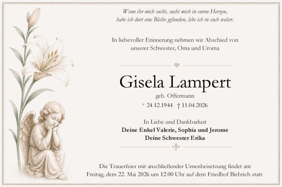 Traueranzeige von Gisela Lampert von Wiesbadener Kurier