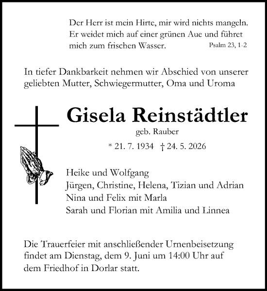 Traueranzeige von Gisela Reinstädtler von Wetzlarer Neue Zeitung