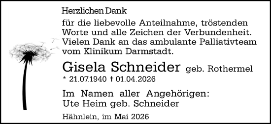Traueranzeige von Gisela Schneider von Darmstädter Echo