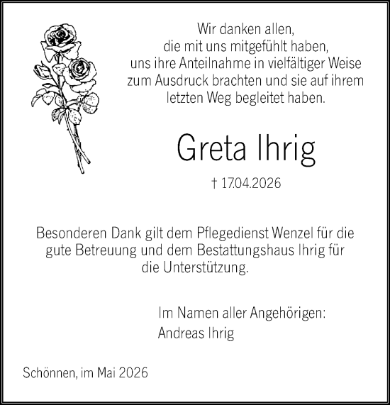 Traueranzeige von Greta Ihrig von Odenwälder Echo