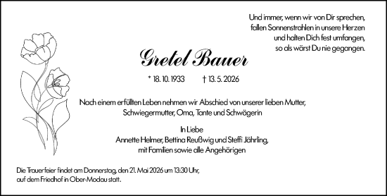 Traueranzeige von Gretel Bauer von Darmstädter Echo