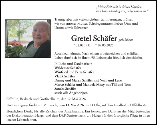 Traueranzeige von Gretel Schäfer von Dill Block