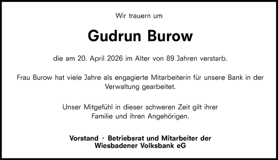 Traueranzeige von Gudrun Burow von Wiesbadener Kurier