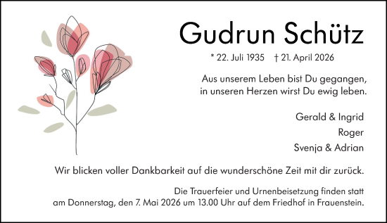 Traueranzeige von Gudrun Schütz von Wiesbadener Kurier