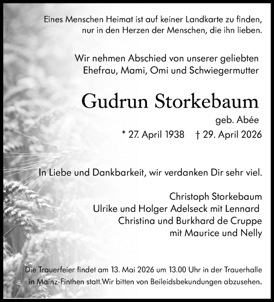 Traueranzeige von Gudrun Storkebaum von Allgemeine Zeitung Mainz