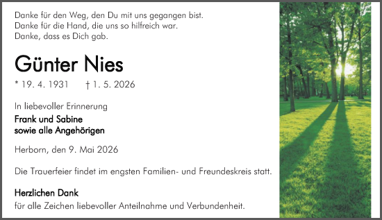 Traueranzeige von Günter Nies von Dill Block