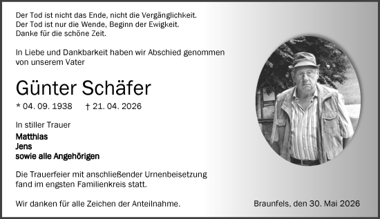 Traueranzeige von Günter Schäfer von Wetzlarer Neue Zeitung