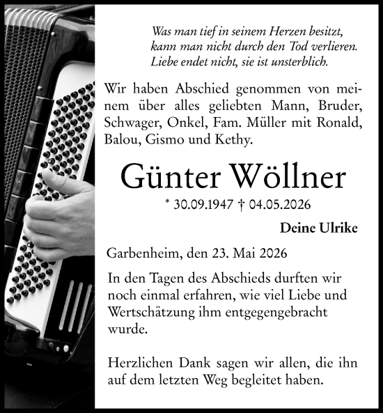 Traueranzeige von Günter Wöllner von Wetzlarer Neue Zeitung