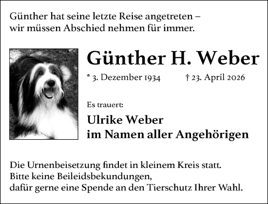 Traueranzeige von Günther H. Weber von Wiesbadener Kurier