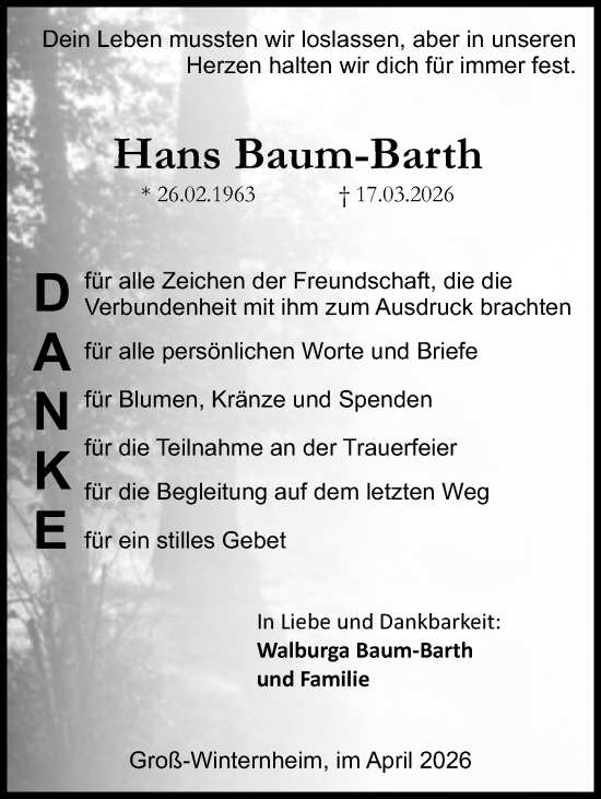 Traueranzeige von Hans Baum-Barth von Allgemeine Zeitung Rheinhessen-Nahe