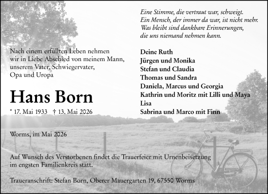 Traueranzeige von Hans Born von Wormser Zeitung