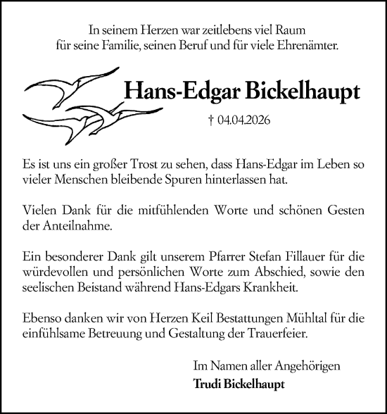 Traueranzeige von Hans-Edgar Bickelhaupt von Darmstädter Echo