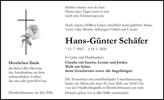 Traueranzeige von Hans-Günter Schäfer von Wetzlarer Neue Zeitung
