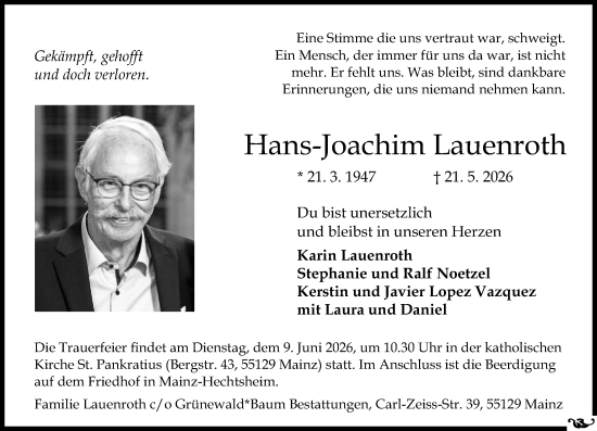 Traueranzeige von Hans-Joachim Lauenroth von Allgemeine Zeitung Mainz