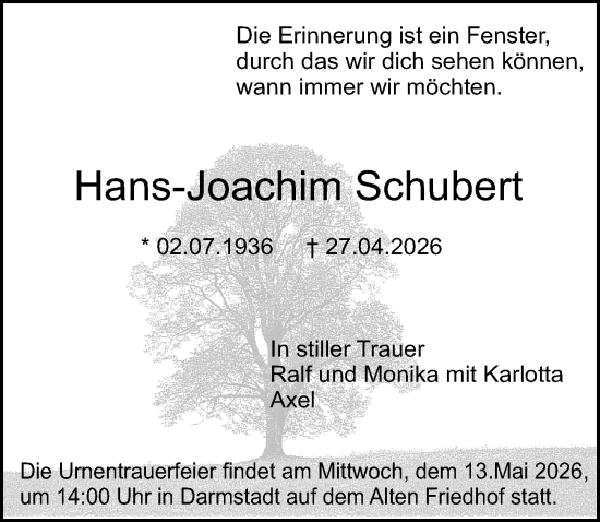 Traueranzeige von Hans-Joachim Schubert von Darmstädter Echo