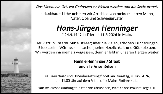 Traueranzeige von Hans-Jürgen Henninger von Allgemeine Zeitung Mainz