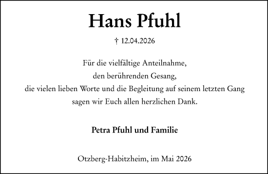 Traueranzeige von Hans Pfuhl von Odenwälder Echo