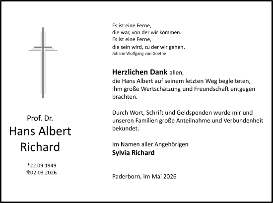 Traueranzeige von Hans Albert Richard von Camberger Anzeiger