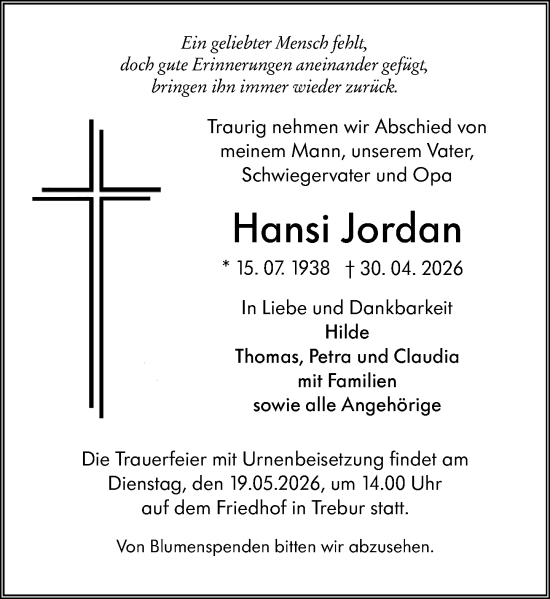 Traueranzeige von Hansi Jordan von Groß-Gerauer Echo