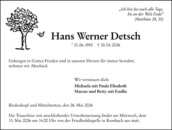 Traueranzeige von Hans Werner Detsch von Hinterländer Anzeiger