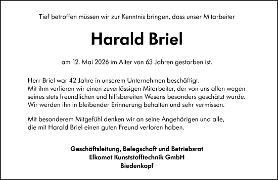Traueranzeige von Harald Briel von Hinterländer Anzeiger