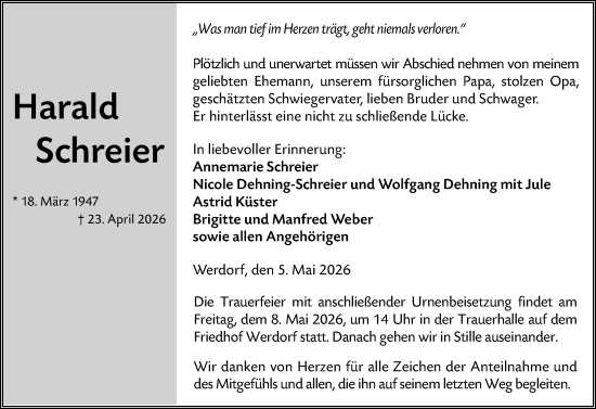 Traueranzeige von Harald Schreier von Wetzlarer Neue Zeitung