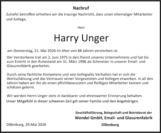 Traueranzeige von Harry Unger von Dill Block