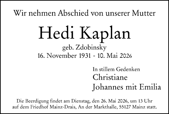 Traueranzeige von Hedi Kaplan von Allgemeine Zeitung Mainz