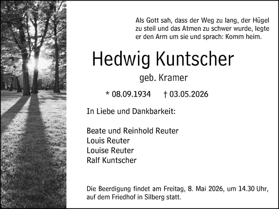 Traueranzeige von Hedwig Kuntscher von Hinterländer Anzeiger