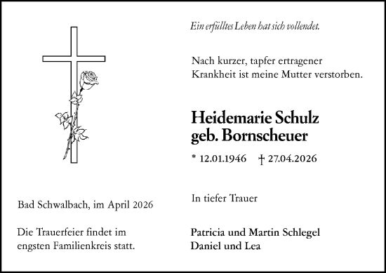 Traueranzeige von Heidemarie Schulz von Wiesbadener Kurier