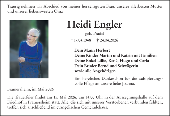 Traueranzeige von Heidi Engler von Allgemeine Zeitung Alzey