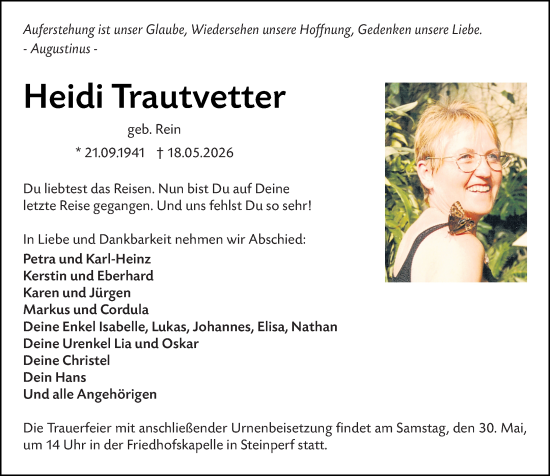 Traueranzeige von Heidi Trautvetter von Hinterländer Anzeiger